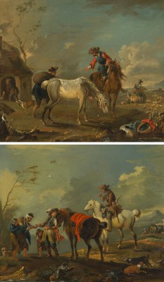 Auktion 155<br>PAAR GEMÄLDE: REITER UND BAUERN IM GESPRÄCH / BEGEGNUNG AM WEGESRAND