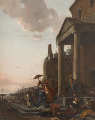Auktion 155<br>SÜDLICHE HAFENLANDSCHAFT MIT MARKTVERKÄUFERN UND ELEGANT GEKLEIDETEN PERSONEN VOR EINER TEMPELFASSADE