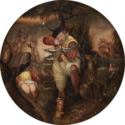 Auction 155<br>ALLEGORISCHE SZENE ZU EINEM NIEDERLÄNDISCH-FLÄMISCHEN SPRICHWORT DES SCHIESSENS AUS VERSCHIEDENEN ROHREN