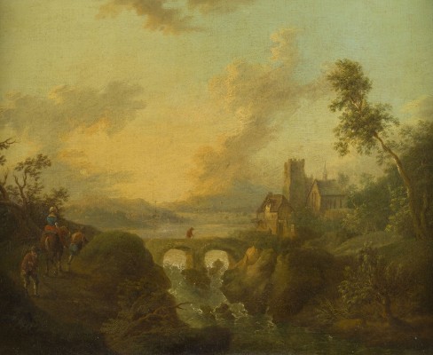 Auction 155<br>EINE WEITE FLUSSLANDSCHAFT MIT BURGANLAGE UND REITERN