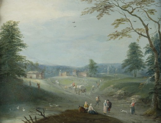 Auktion 155<br>WALDLANDSCHAFT MIT DORFBEWOHNERN UND PFERDEWAGEN