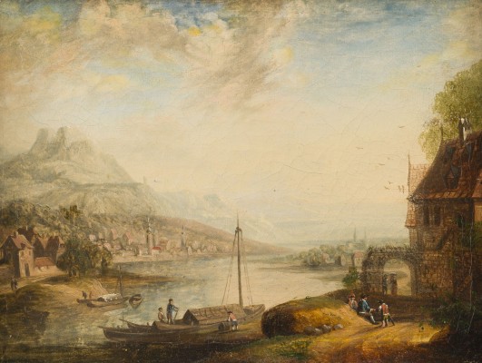 Auction 155<br>WEITE FLUSSLANDSCHAFT AM DORF MIT FISCHERN