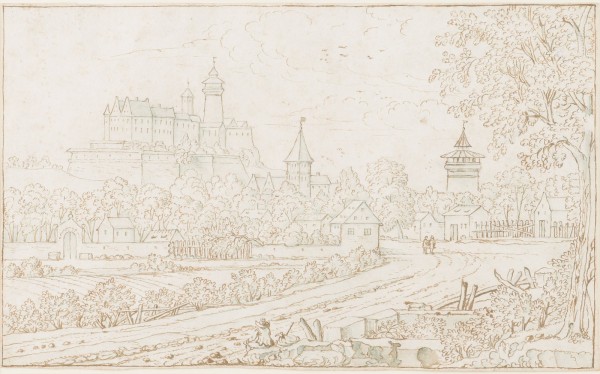 Auktion 155<br>STADTLANDSCHAFT MIT BEFESTIGTER BURGANLAGE, WEG UND STAFFAGEFIGUREN