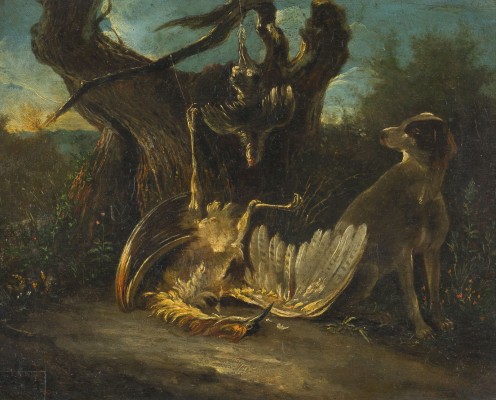 Auktion 155<br>ROHRDOMMEL UND REBHUHN, BEWACHT VON EINEM WEISSEN HUND