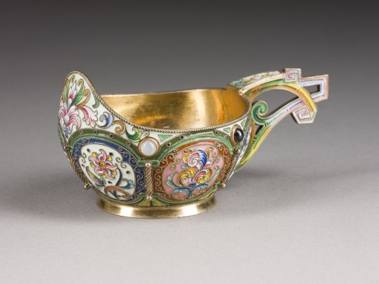 Picture GROSSER JUGENDSTIL-CLOISONNÉ-EMAIL-KOWSCH MIT DURCHBROCHEN GEARBEITETEM HENKEL