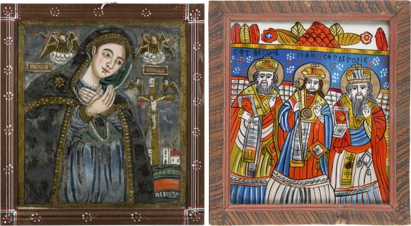 Auktion 156<br>ZWEI GROSSFORMATIGE HINTERGLAS-IKONEN: DATIERTE UND SIGNIERTE IKONE MIT TRAUERENDER GOTTESMUTTER SOWIE DREI HIERARCHEN