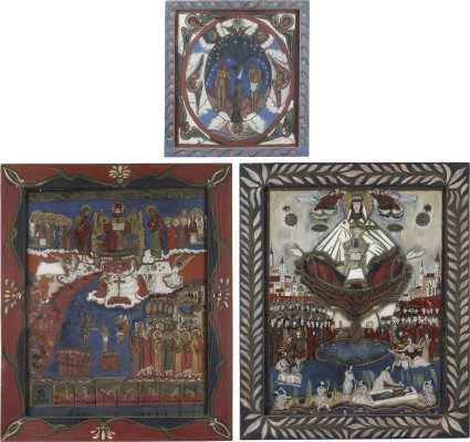 Auction 156<br>DREI HINTERGLAS-IKONEN: ADAM UND EVA SOWIE DAS JÜNGSTE GERICHT