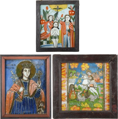 Auktion 156<br>DREI HINTERGLAS-IKONEN: TAUFE CHRISTI, HEILIGER GEORG DER DRACHENTÖTER SOWIE HEILIGE PARASKEWA