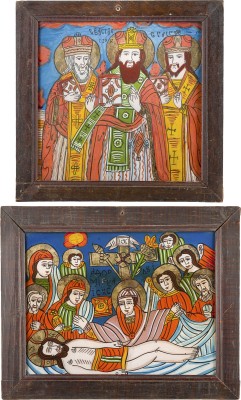 Auktion 156<br>ZWEI HINTERGLAS-IKONEN: BEWEINUNG CHRISTI SOWIE DREI HIERARCHEN