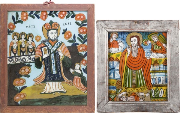 Auction 156<br>ZWEI HINTERGLAS-IKONEN: HEILIGER CHARALAMPOS SOWIE HEILIGER NIKOLAUS