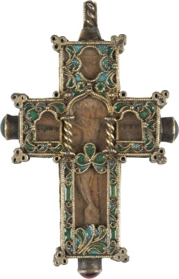Auktion 156<br>FEINES CLOISONNÉ-EMAIL-KREUZ MIT DER KREUZIGUNG UND DER GOTTESMUTTER