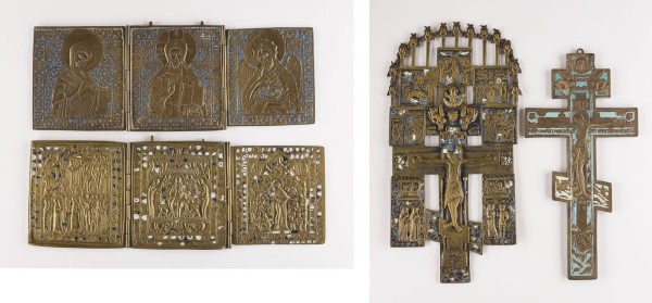 Auktion 156<br>SAMMLUNG VON SECHS BRONZE-IKONEN: KRUZIFIXE, DEESIS SOWIE FESTTAGE