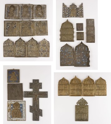 Auction 156<br>SAMMLUNG VON 13 BRONZE-IKONEN: KRUZIFIX, DEESIS, GOTTESMUTTER VON KASAN, AUSGEWÄHLTE HEILIGE SOWIE FESTTAGE