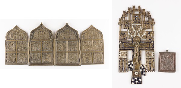 Auktion 156<br>SAMMLUNG VON DREI BRONZE-IKONEN: KRUZIFIX, HEILIGER GEORG DER DRACHENTÖTER SOWIE TETRAPTYCHON MIT FESTTAGEN