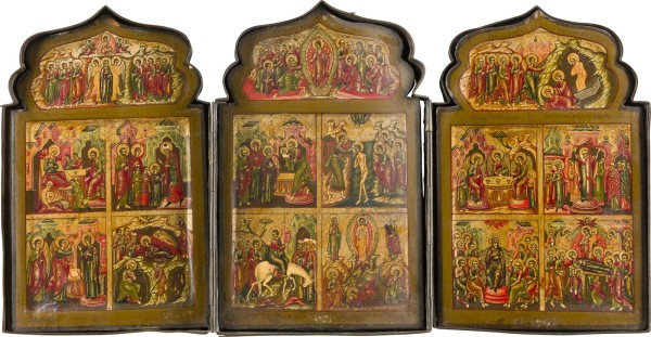 Auction 156<br>SEHR FEINES TRIPTYCHON MIT HOCHFESTEN DES ORTHODOXEN KIRCHENJAHRES