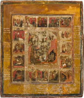 Auction 156<br>GROSSE UND SELTENE IKONE MIT DER HÖLLENFAHRT UND AUFERSTEHUNG MIT 16 SZENEN DER PASSION