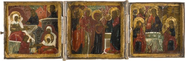 Bild KLEINES TRIPTYCHON MIT DER GEBURT DER GOTTESMUTTER, DER DARBRINGUNG UND DER ALTTESTAMENTLICHEN DREIFALTIGKEIT