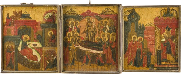 Bild KLEINES TRIPTYCHON MIT DEM ENTSCHLAFEN DER GOTTESMUTTER, DER GEBURT DER GOTTESMUTTER UND DEM TEMPELGANG