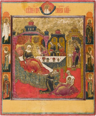 Auction 156<br>SEHR FEINE IKONE MIT DER GEBURT DER GOTTESMUTTER