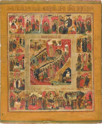 Bild GROSSFORMATIGE IKONE MIT DER AUFERSTEHUNG UND HÖLLENFAHRT UND 16 HOCHFESTEN DES ORTHODOXEN KIRCHENJAHRES