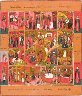 Picture GROSSFORMATIGE IKONE MIT DER HÖLLENFAHRT UND AUFERSTEHUNG CHRISTI MIT ZWÖLF HOCHFESTEN DES ORTHODOXEN KIRCHENJAHRES