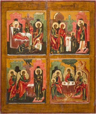 Picture GROSSFORMATIGE VIERFELDER-IKONE MIT DER GEBURT DER GOTTESMUTTER, DEM TEMPELGANG, DER VERKÜNDIGUNG UND DER ALTTESTAMENTLICHEN DREIFALTIGKEIT