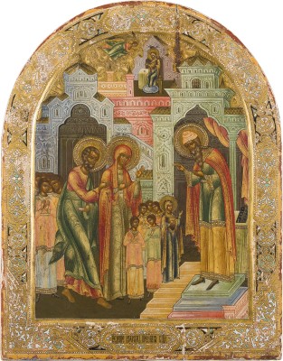 Auktion 156<br>GROSSE UND FEINE IKONE MIT DEM TEMPELGANG DER GOTTESMUTTER