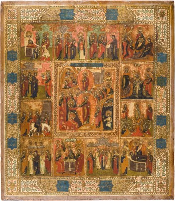 Picture IKONE MIT DER HÖLLENFAHRT UND AUFERSTEHUNG MIT ZWÖLF HOCHFESTEN DES ORTHODOXEN KIRCHENJAHRES