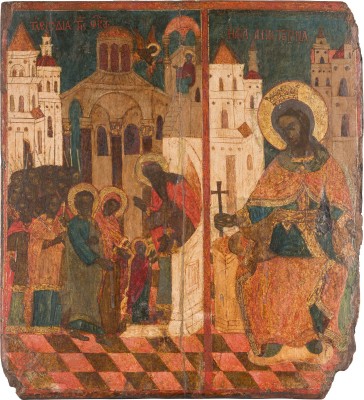 Picture GROSSFORMATIGE ZWEIFELDER-IKONE MIT DEM TEMPELGANG DER GOTTESMUTTER UND DER HEILIGEN KATHARINA