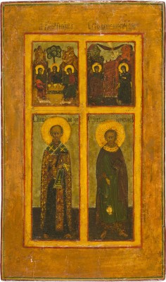 Bild IKONE MIT DER ALTTESTAMENTLICHEN DREIFALTIGKEIT, DER VERKÜNDIGUNG UND HEILIGEN