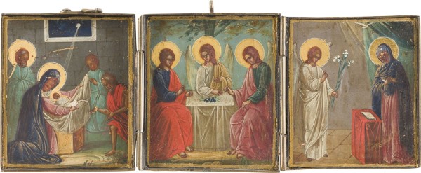 Auction 156<br>KLEINES TRIPTYCHON MIT DER ALTTESTAMENTLICHEN DREIFALTIGKEIT, DER GEBURT CHRISTI UND DER VERKÜNDIGUNG