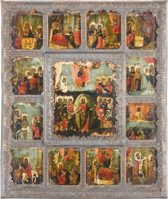 Auction 156<br>FEINE IKONE MIT DER HÖLLENFAHRT UND AUFERSTEHUNG CHRISTI MIT ZWÖLF HOCHFESTEN MIT SILBER-BASMA