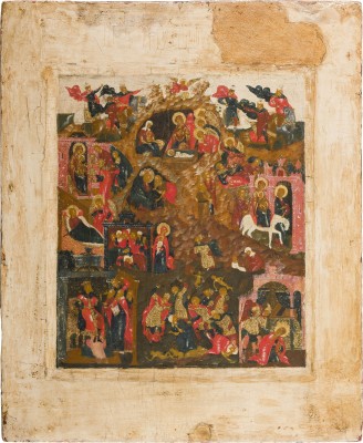 Auktion 156<br>SEHR FEINE IKONE MIT DEN GESCHEHNISSEN UM DIE GEBURT CHRISTI