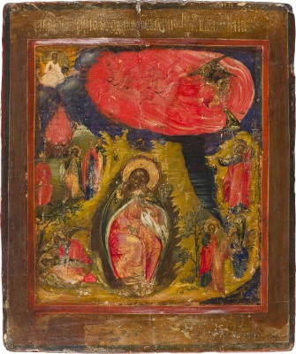 Auction 156<br>ZWEI IKONEN: PROPHET ELIAS MIT SEINER FEURIGEN HIMMELFAHRT UND ENTHAUPTUNG JOHANNES DES VORLÄUFERS