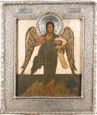 Picture SEHR FEINE IKONE MIT JOHANNES DEM VORLÄUFER ALS ENGEL DER WÜSTE MIT SILBER-BASMA