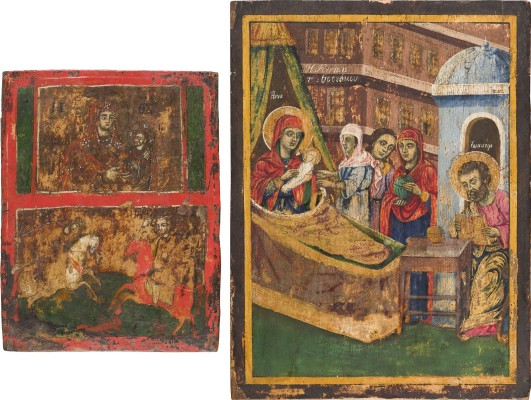 Auction 156<br>ZWEI IKONEN: ZWEIFELDER-IKONE MIT DER GOTTESMUTTER UND REITERHEILIGEN UND DIE GEBURT DER GOTTESMUTTER