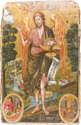 Auction 156<br>GROSSFORMATIGE, DATIERTE IKONE MIT JOHANNES DEM VORLÄUFER MIT SZENEN SEINER VITA