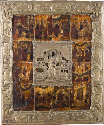 Picture IKONE MIT DER HÖLLENFAHRT CHRISTI MIT ZWÖLF HOCHFESTEN DES ORTHODOXEN KIRCHENJAHRES MIT BASMA