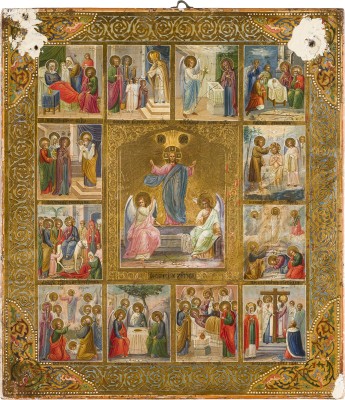 Picture FEINE IKONE MIT DER AUFERSTEHUNG UND ZWÖLF HOCHFESTEN DES ORTHODOXEN KIRCHENJAHRES