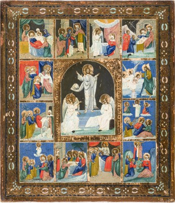 Picture IKONE MIT DER AUFERSTEHUNG CHRISTI UND ZWÖLF HOCHFESTEN