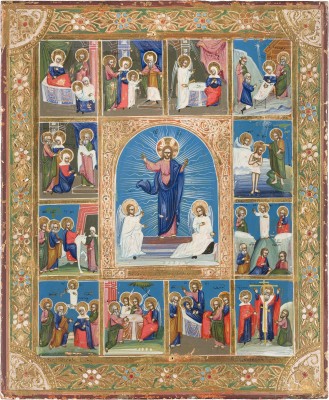 Bild KLEINE IKONE MIT DER AUFERSTEHUNG CHRISTI UND ZWÖLF HOCHFESTEN