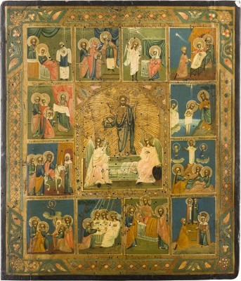 Bild IKONE MIT DER AUFERSTEHUNG CHRISTI UND ZWÖLF HOCHFESTEN