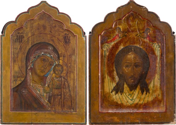 Auktion 156<br>DOPPELSEITIGE PROZESSIONS-IKONE MIT DER GOTTESMUTTER VON KASAN (KASANSKAJA) UND DEM MANDYLION