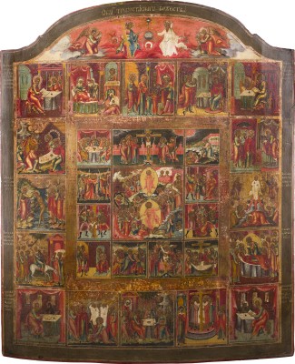 Auktion 156<br>MONUMENTALE UND FEINE IKONE MIT DER HÖLLENFAHRT UND AUFERSTEHUNG, DER PASSION CHRISTI, 16 HOCHFESTEN UND DER NEUTESTAMENTLICHEN DREIFALTIGKEIT