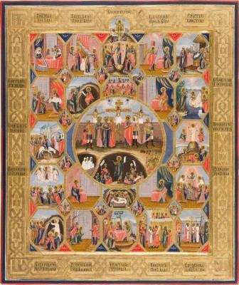 Picture GROSSFORMATIGE UND SELTENE IKONE MIT DER KREUZIGUNG CHRISTI, DER HÖLLENFAHRT UND HOCHFESTEN DES ORTHODOXEN KIRCHENJAHRES
