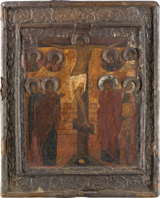 Auktion 156<br>MUSEALE IKONE MIT DER KREUZIGUNG CHRISTI MIT BASMA AUS DER SAMMLUNG MOROZOW