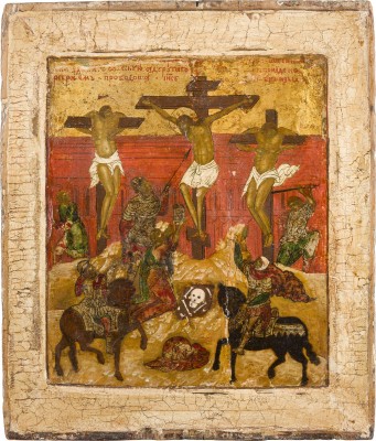 Auction 156<br>SEHR FEINE IKONE MIT DER KREUZIGUNG CHRISTI FLANKIERT VON DEM GUTEN UND DEM SCHLECHTEN SCHÄCHER