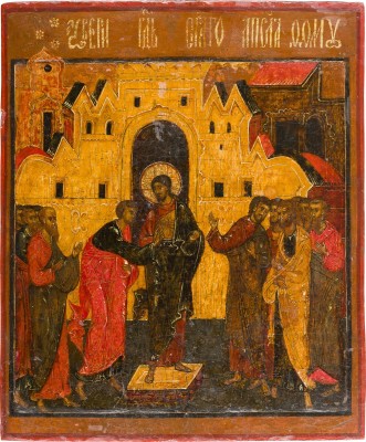 Auction 156<br>SEHR FEINE UND GROSSFORMATIGE IKONE MIT DEM UNGLÄUBIGEN THOMAS AUS EINER KIRCHEN-IKONOSTASE