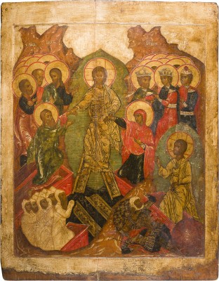 Auction 156<br>MONUMENTALE IKONE MIT DER HADESFAHRT CHRISTI UND DER BEFREIUNG DER VORVÄTER AUS DEM HADES AUS EINER KIRCHEN-IKONOSTASE
