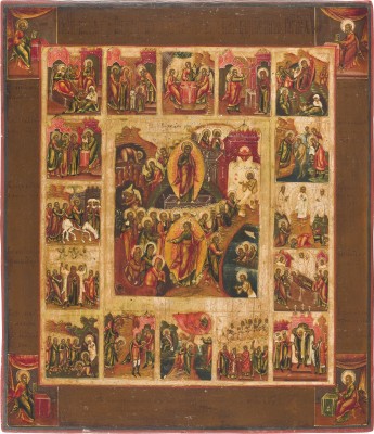 Picture FEINE IKONE MIT DER AUFERSTEHUNG UND HÖLLENFAHRT CHRISTI MIT 16 HOCHFESTEN UND DEN VIER EVANGELISTEN
